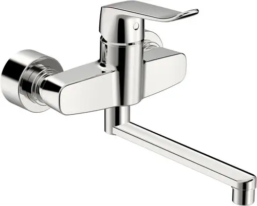 Einhebelmischer in glänzendem Chrom aus der Marke HANSA. Der Bedienungshebel ist lang und die Ausladung beträgt 277 mm. Ideal für die Wandmontage.